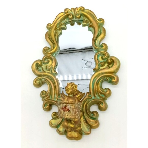 Hollywood Regency Gold With Turquoise Accents Ornate 9X14 Angel Sconce Mirror - Picture 1 of 7